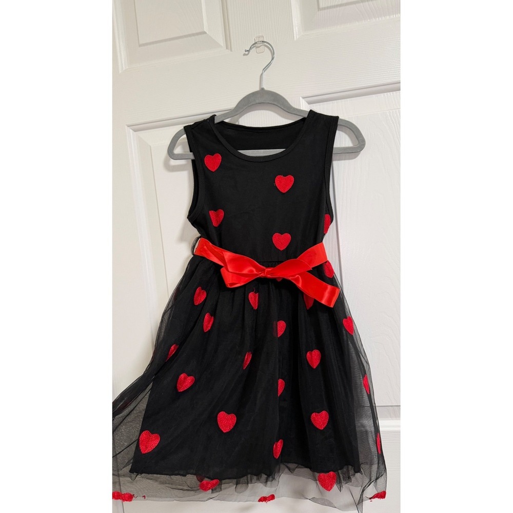 Girls Black Tulle Heart Dress Red Satin Bow Valentine Party Size 5/6 120